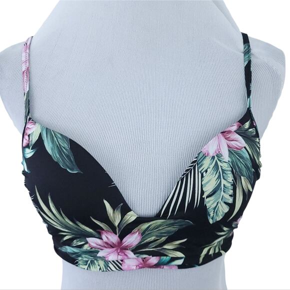 Shade & Shore Bikini Top 32B Black Palm Floral Print Underwire, Adjustable Strap - Picture 1 of 6